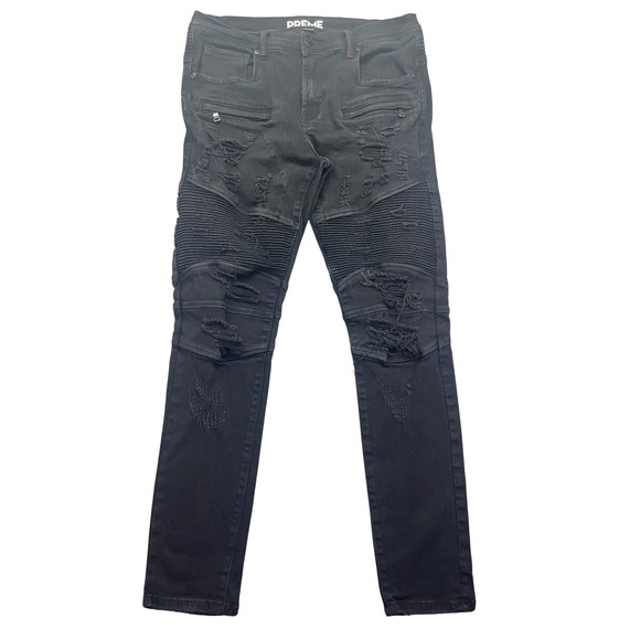 PREME Distressed Biker Jeans Ripped Slim Fit Moto Denim Black Wash Sz 36 Fit 34" - Picture 1 of 9